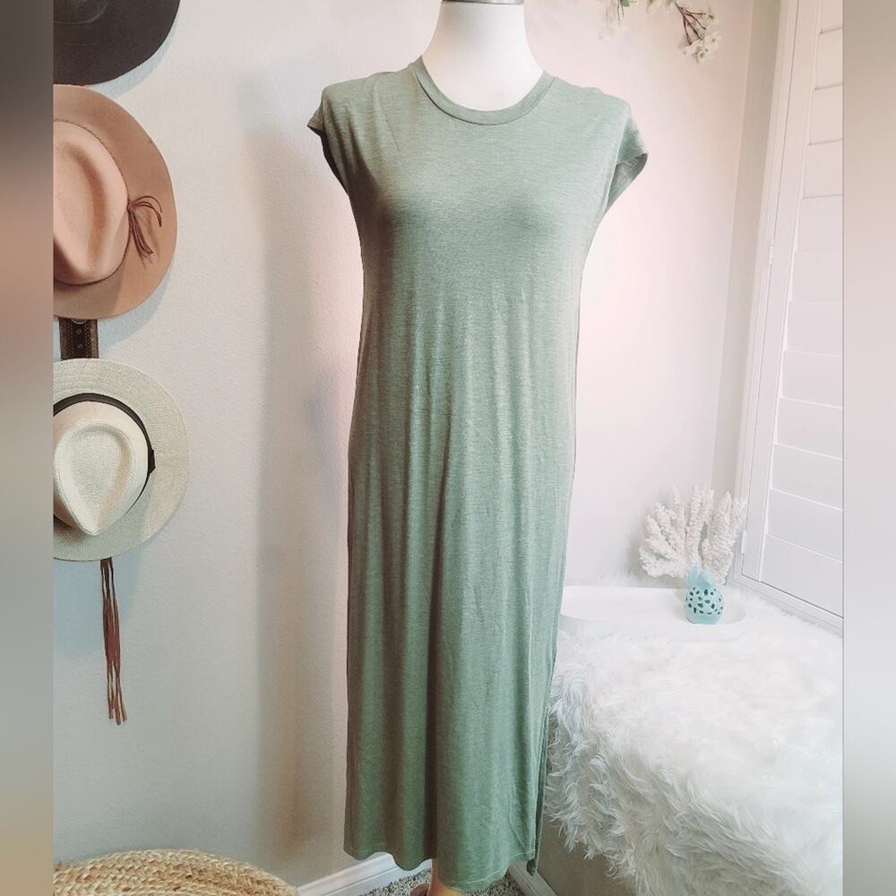 MADEWELL Pine Heather Green Muscle Midi Dress Side Slit Soft Stretch Jersey Sz M - Picture 9 of 16